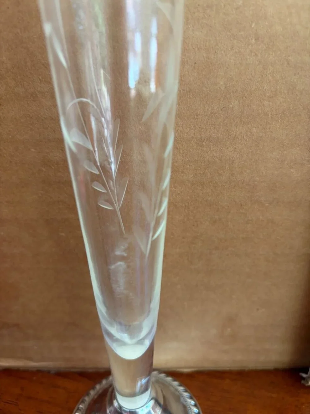 Vintage Duchin Creation Etched Glass Bud Vase Featuring a Weighted Sterling Silv